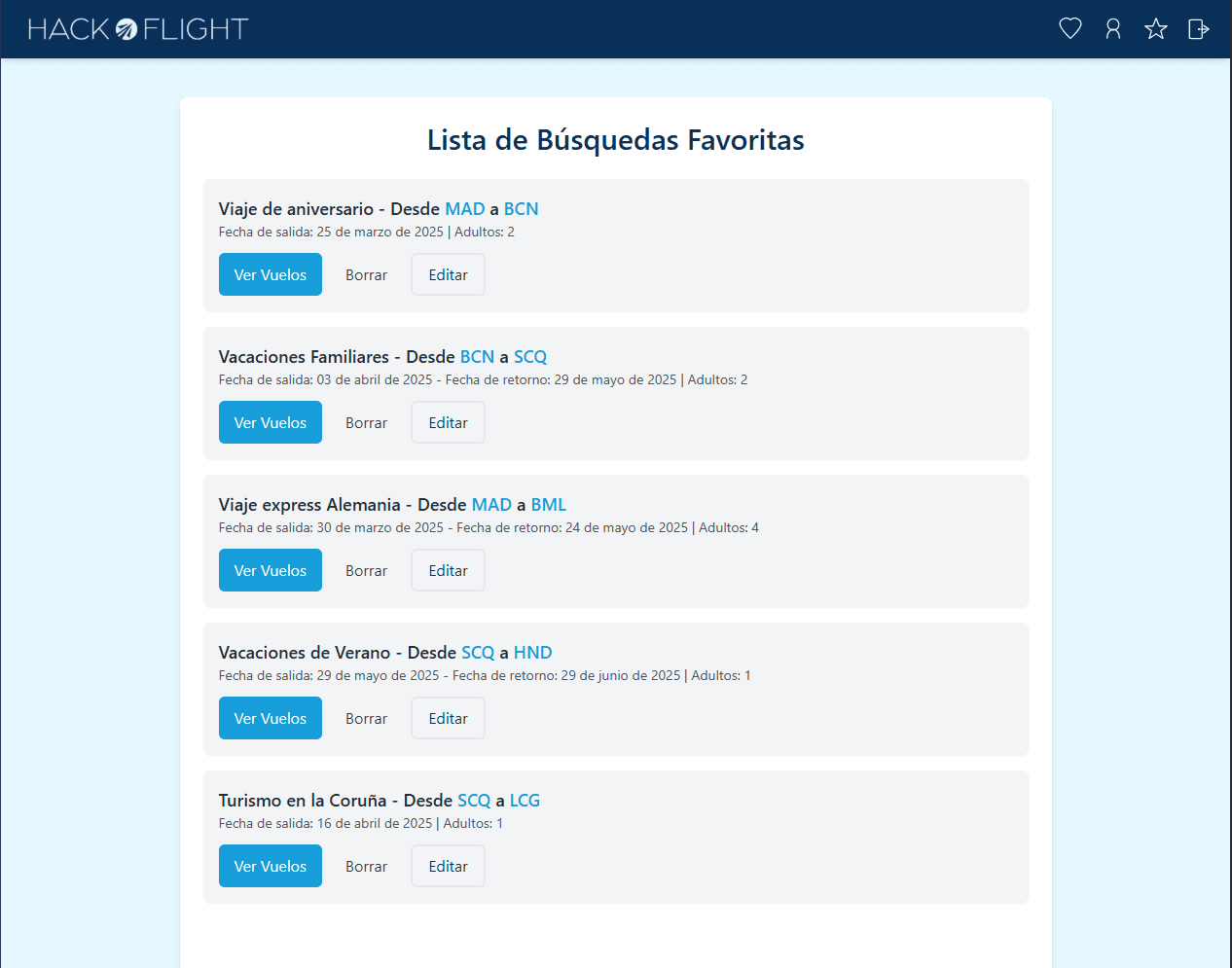Hackaflight - Búsquedas favoritas